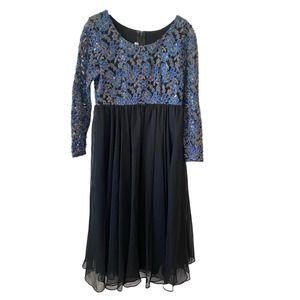 Efren Ocampo Dress Sequins Lace Formal Lined Blue / Black Long Sleeve Medium